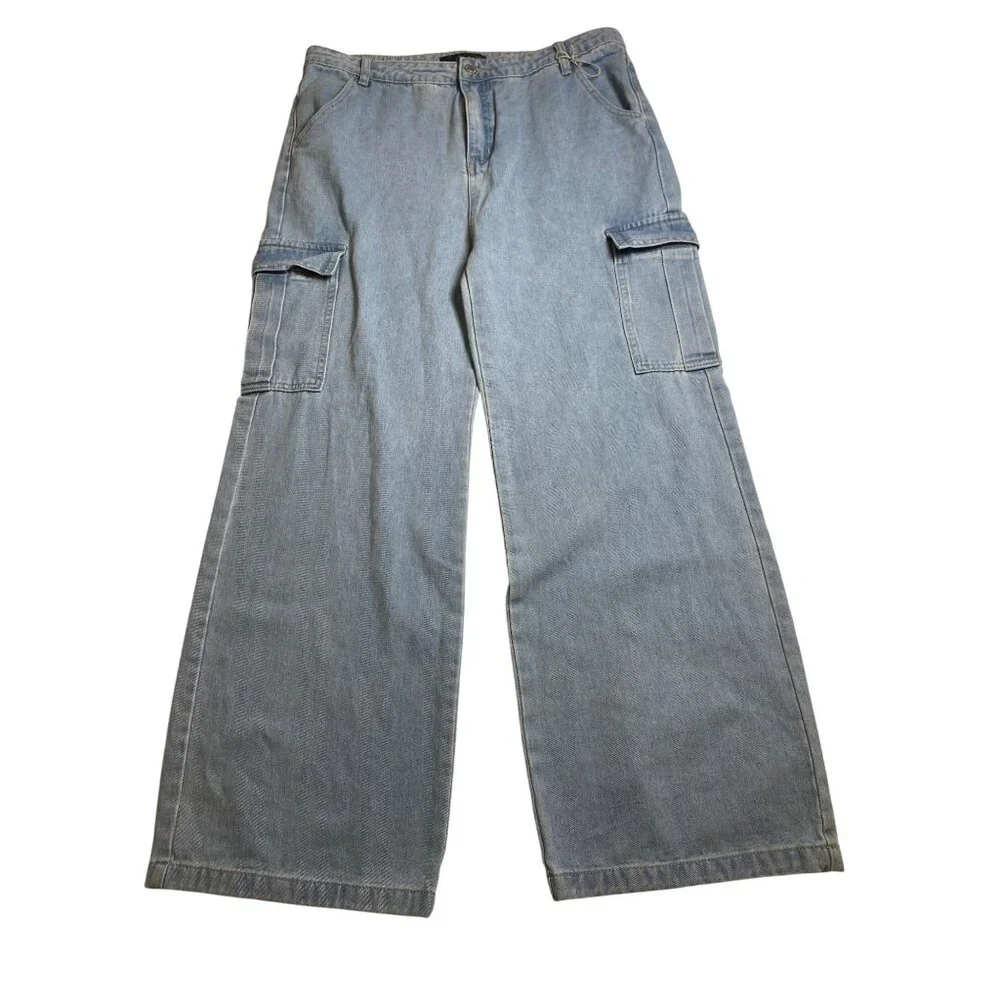 Cali 1850 High Rise Straight Leg Cargo Jeans W/ Pockets‎ Light Wash Denim, 13